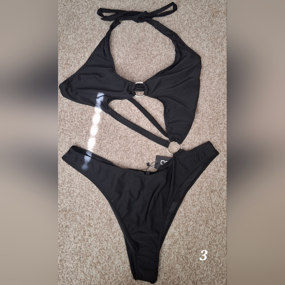 Nwt Boohoo Black Women's Swimwear Set Sz 18‎ Summer Beach Tropical Goth Grunge